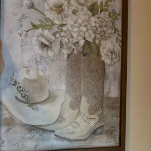 Elegant Floral Cowboy Boots Wall Art in Beige